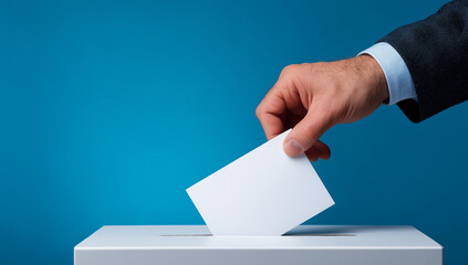 Hand of a businessman is placing a ballot paper into a vote box against a blue background