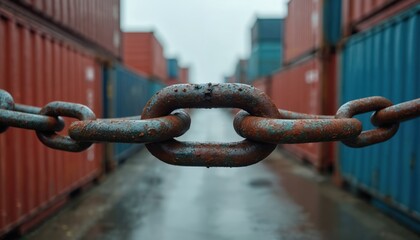 Naklejka premium Thick rusty chain links block passage between rows of shipping containers. Global trade slowdown metaphor, supply chain disruption symbol. Maritime port logistics problem.