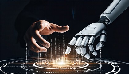 Human Hand Reaching Out to Touch Futuristic Robotic Android Arm Over Digital Binary Code Background