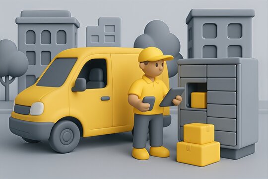 Innovative delivery service model with a cheerful courier using a digital device by yellow delivery van contrasting against minimalist urban surroundings - Powered by Adobe