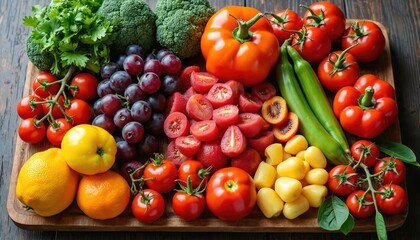 Assortment of fresh raw fruits and vegetables arranged on a wooden board. Includes tomatoes broccoli grapes bell peppers oranges lemons. Colorful natural food display for healthy eating.