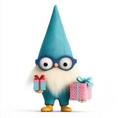 Blue gnome is holding a pink and blue gift box
