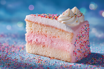 Slice of pink and white cake with colorful sprinkles on a blue background, with beautiful lighting effects