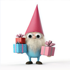 Gnome is holding a pink and blue box