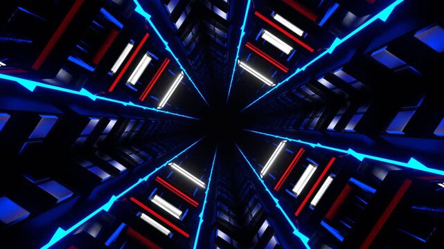 Blue and Red and White Neon Glow Mirrored Tunnel Background VJ Loop in 4K