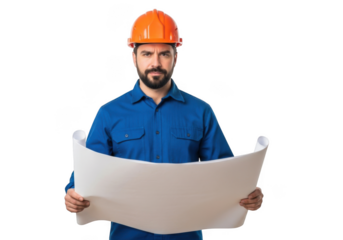 Engineer reviewing blueprints isolated on transparent background