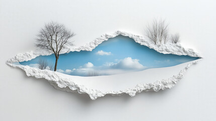 White paper with a tree and clouds in the background. Winter landscape in section.