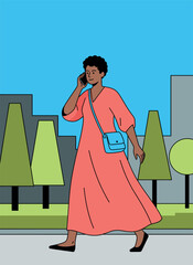 Illustration of a African American woman talking on a mobile phone while walking outdoors in a city park, Concept of urban communication and connection