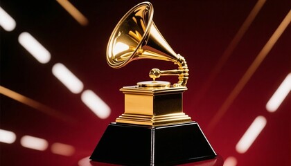 Grammy trophy on black base with golden finish and blurred background  