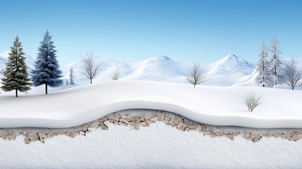 Snowy landscape with a mountain in the background. Winter landscape in section.