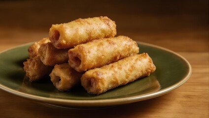 Golden Fried Spring Rolls Stacked on a Green Plate.