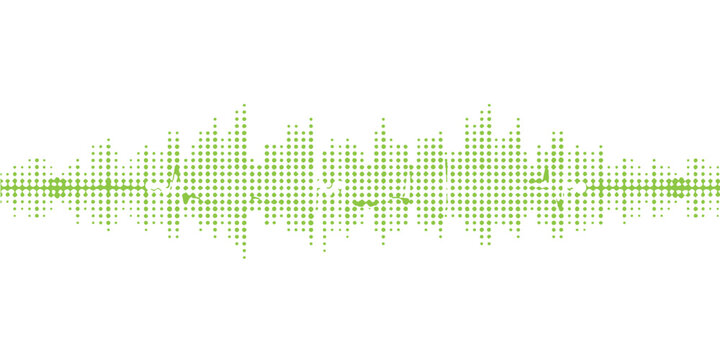 Green abstract music background featuring a digital audio wave equalizer illustration with blue light frequency pulses and technology design elements