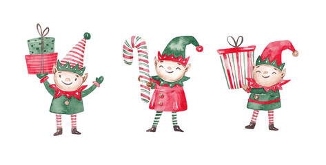 Naklejka premium Fun Christmas elves set. Xmas characters hand drawn with watercolor. Cute smiling Christmas elf. Design elements for creating greeting cards, posters, invitations