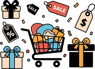 Cartoon Illustration of Shopping Cart with Gift Boxes and Sale Tags 