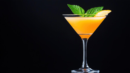 Orange paw paw cocktail with mint and citrus peel in martini glass isolated on black background