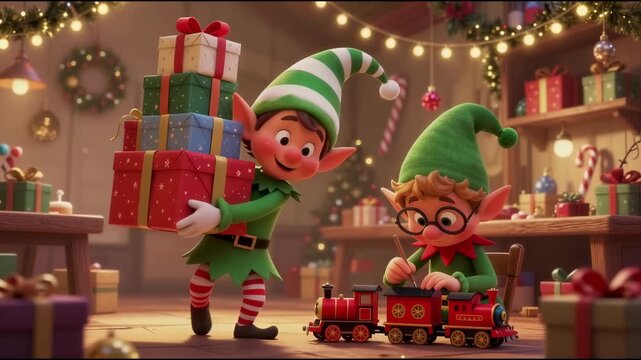 Two elves carry and play with gifts in a festive workshop during Christmas season