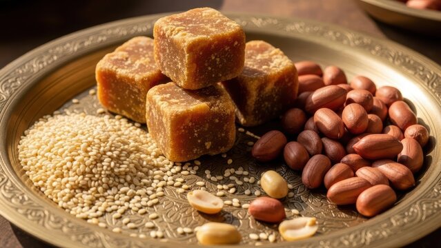 Wholesome brown jaggery cubes raw peanuts and sesame seeds neatly arranged on a decorative brass plate