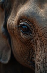 Extreme close up captures giant elephant eye reflecting the sky and trees. Its wrinkled skin texture shows age and wisdom. Mammal large eyelashes frame the dark pupil.