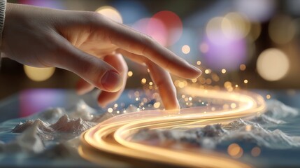 Hand interacting with glowing digital pathway in futuristic environment