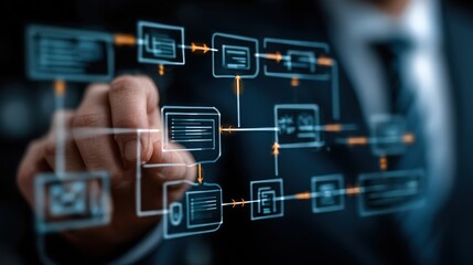 Man interacts with business process flowchart showing hierarchy and processing management in a corporate environment