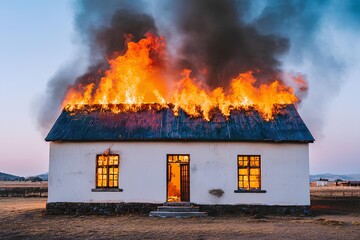 Burning rural house engulfed in flames with fire spreading across the roof, showcasing the destructive power of fire in a dramatic rural landscape