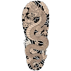 Balinese Dragon Tattoo Design with Flowers and Clouds