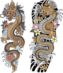 Collection of Traditional Balinese Dragon Tattoo Designs with Flowers and Waves