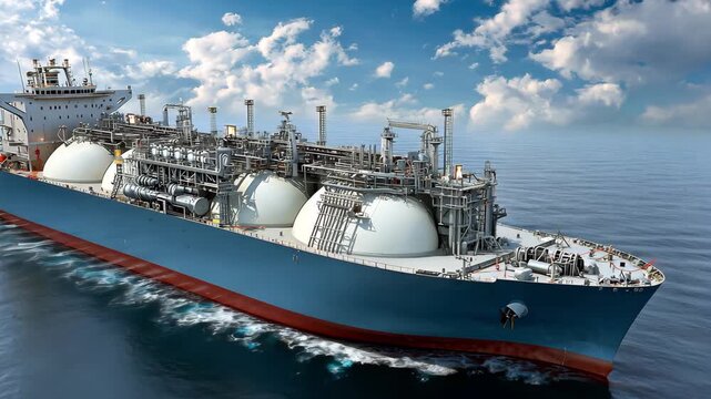 LNG tanker ship sailing on the ocean under clouds