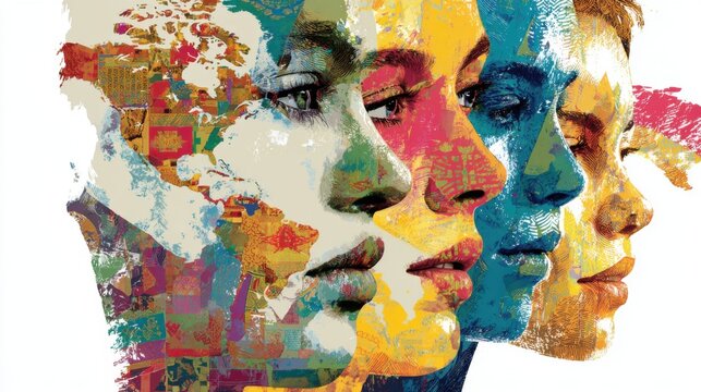 Four distinct faces are illustrated side by side, each filled with bright colors and patterns that represent various cultures, symbolizing unity and diversity among people.