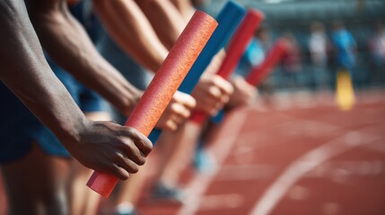 Runners hold colorful relay batons, ready to start their race on a vibrant red track, showcasing intense focus and anticipation among the competitors.