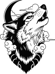 Tattoo Style Wolf Howling at the Moon with Clouds Vector Illustration