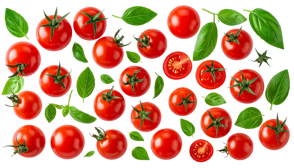 Ein aus frischen Kirschtomaten mit grünen Blättern auf transparentem Hintergrund