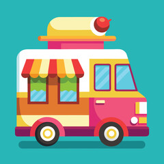 Cute Ice Cream Truck with Awning and Dessert on Roof &ndash; Cartoon Vector Illustration