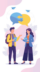 Young man and woman talking with speech bubbles and paper planes