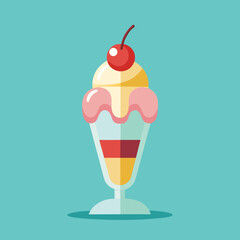 Ice Cream Sundae in Glass Cup with Cherry &ndash; Flat Vector Dessert Illustration