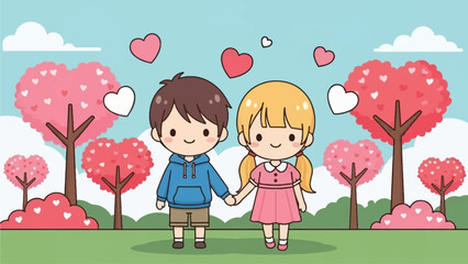 A charming flat design illustration depicts a cute anime couple happily walking hand-in-hand through a whimsical park filled with heart-shaped trees, celebrating love. 