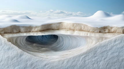 Large hole in the snow. Snowy ice cave underground.