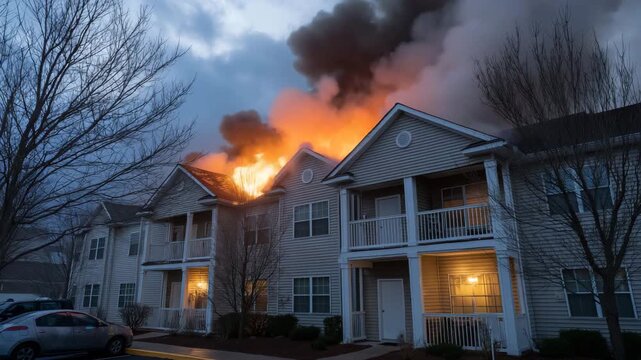 Apartment Building Fire Disaster Intense Flames Smoke Billowing Dusk Evening Emergency Scene Catastrophe Destruction
