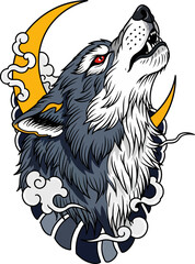 Tattoo Style Wolf Howling at the Moon with Clouds Vector Illustration