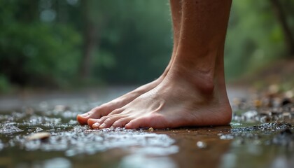 Barefoot person walks on wet ground in nature. Feet touch cool water puddle on path. Gentle stride in lush forest during summer. Focus on natural connection.