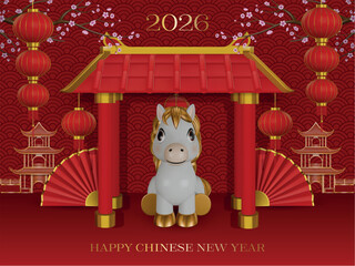 2026 year of horse background with 3d horse, temple, folding fans, red lanterns and cheerry branches. chinese new year poster