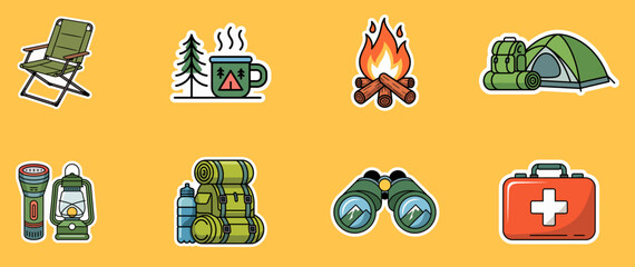 camping gear sticker collection with tent, campfire and hiking equipment