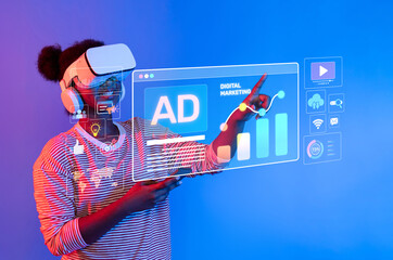 A creative individual interacts with virtual marketing analytics in a vibrant digital environment,...