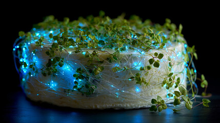 Minimalist edible art: smooth round cake topped with vibrant microgreens and neon blue light strands, merging nature and technology for eco-luxury, mindful dining visuals