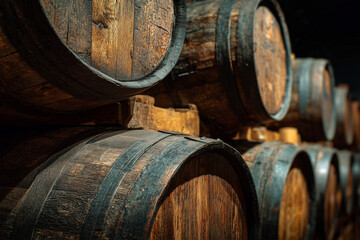 Wine Barrels Close-Up at Traditional Winery &ndash; Aged Oak Barrels Stacked for Wine Production and Storage