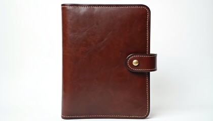Closed brown leather portfolio case with gold snap button closure and white stitching. Elegant professional business organiser for documents and notes on plain white background.