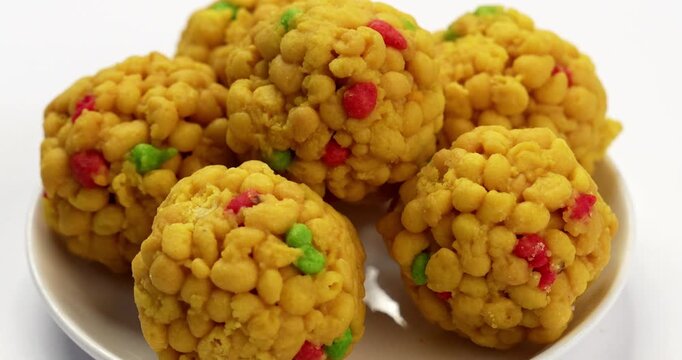 indian sweet motichoor laddoo&nbsp;or Bundi laddu made of gram flour very small balls or boondis which are deep fried and soaked in sugar syrup before making balls