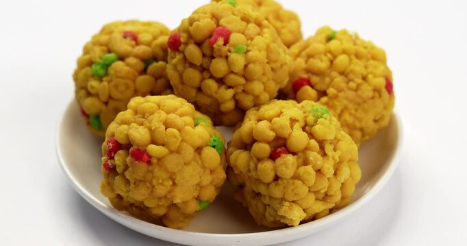 indian sweet motichoor laddoo&nbsp;or Bundi laddu made of gram flour very small balls or boondis which are deep fried and soaked in sugar syrup before making balls