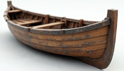 Obraz premium Weathered wooden rowboat sits empty on white background. Old watercraft has rustic texture and nautical details. Classic fishing dinghy awaits ocean adventure.