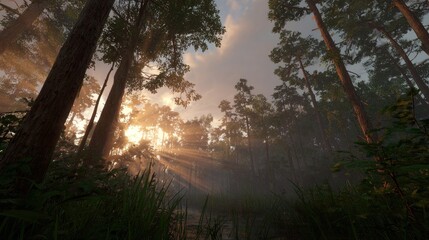 Fototapeta premium foggy forest at dawn with warm sunlight beams, realistic textures, no people 